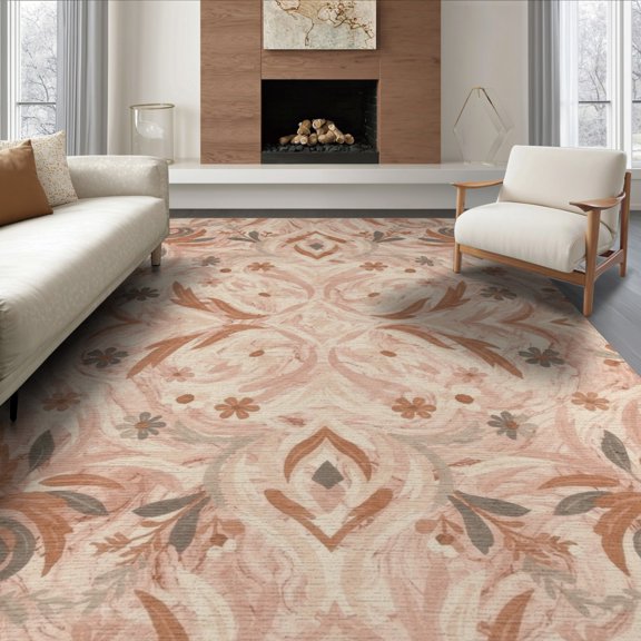 ODIKA 8'x10' Washable Area Rug Abstract Boho Brushstroke Swirl Watercolor Splash Interlocking Pink Flowing for Living Room, Under Sectional, Family , Durable, Non-Slip