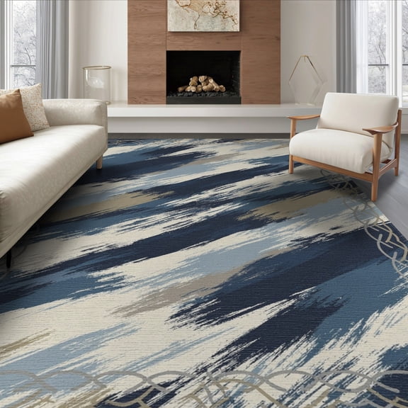 ODIKA 8'x10' Washable Area Rug Abstract That Brushstroke Geometric Border Couch Grey Large Beige Flowing for Living Room, Under Sectional, Family , Durable, Non-Slip