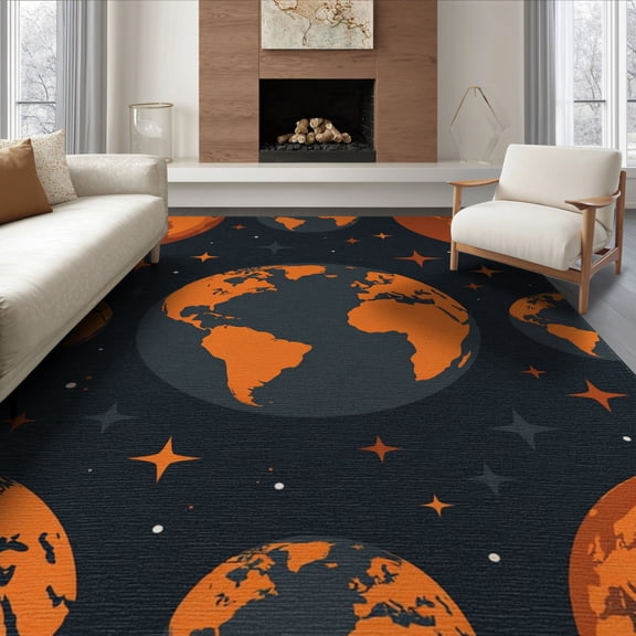 ODIKA 8'x10' Washable Area Rug Abstract Galaxy Composition Planetary Circles Continents Round Map Refined for Dining Room, Large Office, Lounge, Non-Slip Chair-Friendly Mat