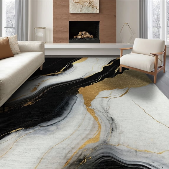 ODIKA 8'x10' Washable Area Rug Abstract Marble Modern Brushstroke Design With Gold Veining Motif for Living Room, Under Sectional, Family , Durable, Non-Slip