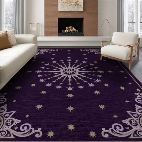 ODIKA 8'x10' Washable Area Rug Abstract Starburst Boho Center Swirl Ombre Gradient Watercolor Purple Flowing for Dining Room, Large Office, Lounge, Non-Slip Chair-Friendly Mat
