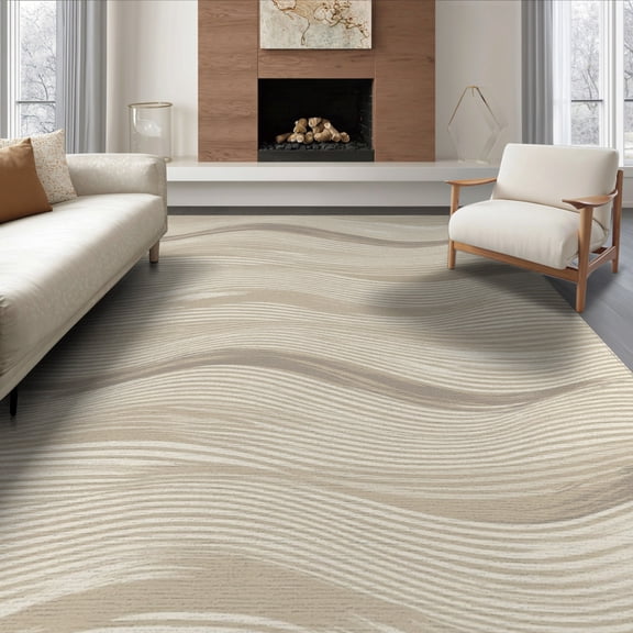 ODIKA 8'x10' Washable Area Rug Abstract Stripe Wave Marbled Brushstroke Textured Beige Cream Refined Structured for Living Room, Under Sectional, Family , Durable, Non-Slip