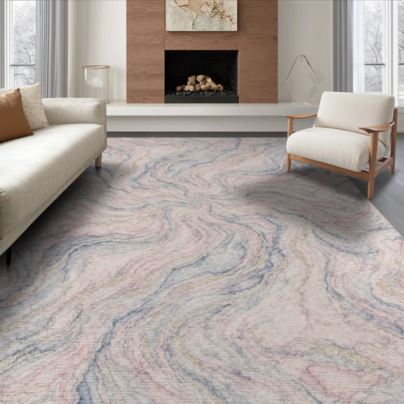 ODIKA 8'x10' Washable Area Rug Abstract Swirl Design With Gold Veined Watercolor Motif Marble Flowing Dynamic for Living Room, Under Sectional, Family , Durable, Non-Slip