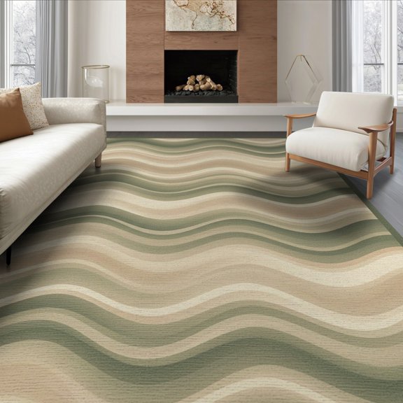 ODIKA 8'x10' Washable Area Rug Abstract Wave Parallel Curved Band Motif Smooth Blended Covering for Living Room, Under Sectional, Family , Durable, Non-Slip