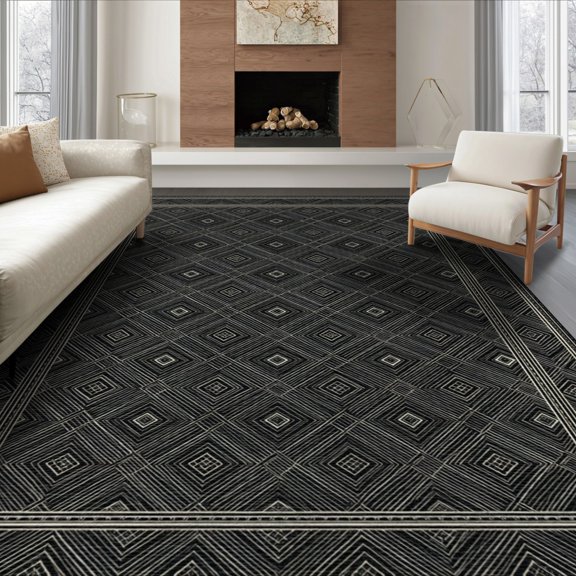 ODIKA 8'x10' Washable Area Rug Aesthetic Symmetrical Network Motif Repeating Chain Long Bathroom for King Size Bedroom Under Bed, Master Suite, Non-Shedding, Easy Care