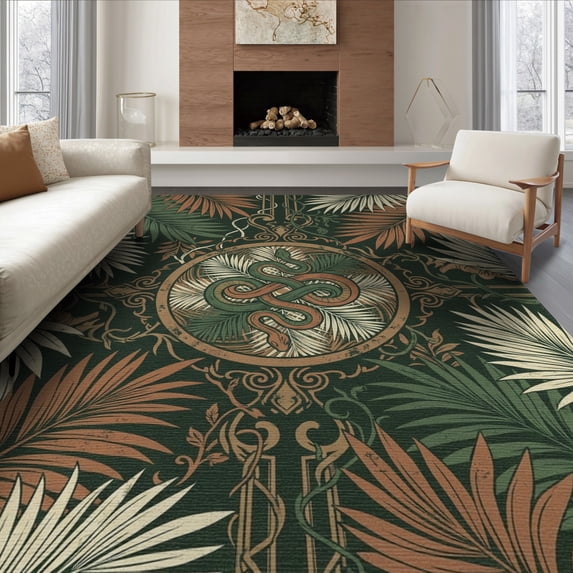 ODIKA 8'x10' Washable Area Rug Aesthetic With Vintage Palm Frond Medallion Snake Tropical Jungle Playful for King Size Bedroom Under Bed, Master Suite, Non-Shedding, Easy Care