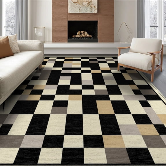 ODIKA 8'x10' Washable Area Rug Alfombras Contemporary Mosaic Grid Structured Interlocking Para for Living Room, Under Sectional, Family , Durable, Non-Slip
