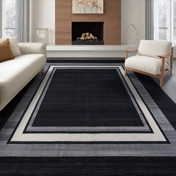 ODIKA 8'x10' Washable Area Rug Alfombras Minimalist Solid Subtle Striped Border Para Habitacion for King Size Bedroom Under Bed, Master Suite, Non-Shedding, Easy Care
