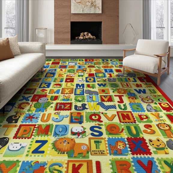 ODIKA 8'x10' Washable Area Rug Alphabet Abc Educational Numbers Motifs Classroom Large Circle for Living Room, Under Sectional, Family , Durable, Non-Slip
