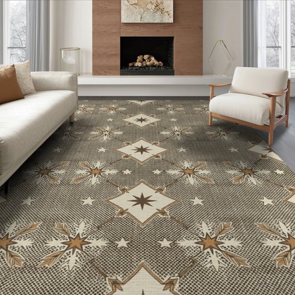ODIKA 8'x10' Washable Area Rug Animal Print Spotted Design Sepia Tan Symmetrical Corner Star Details for King Size Bedroom Under Bed, Master Suite, Non-Shedding, Easy Care