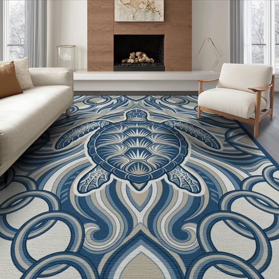 ODIKA 8'x10' Washable Area Rug Animals Marine Turtle Scattered Ocean Border Symmetrical Nautical for Living Room, Under Sectional, Family , Durable, Non-Slip