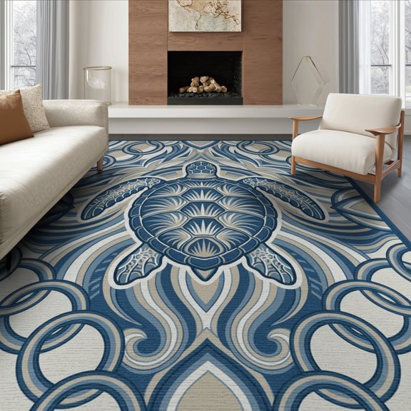 ODIKA 8'x10' Washable Area Rug Animals Marine Turtle Scattered Ocean Border Symmetrical Nautical for Living Room, Under Sectional, Family , Durable, Non-Slip
