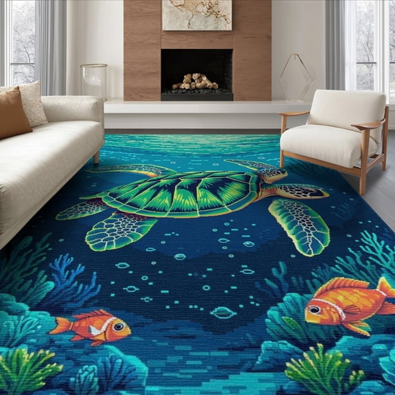 ODIKA 8'x10' Washable Area Rug Animals Turtle Nautical Ocean Coral Reef Border Motif Scattered for Living Room, Under Sectional, Family , Durable, Non-Slip