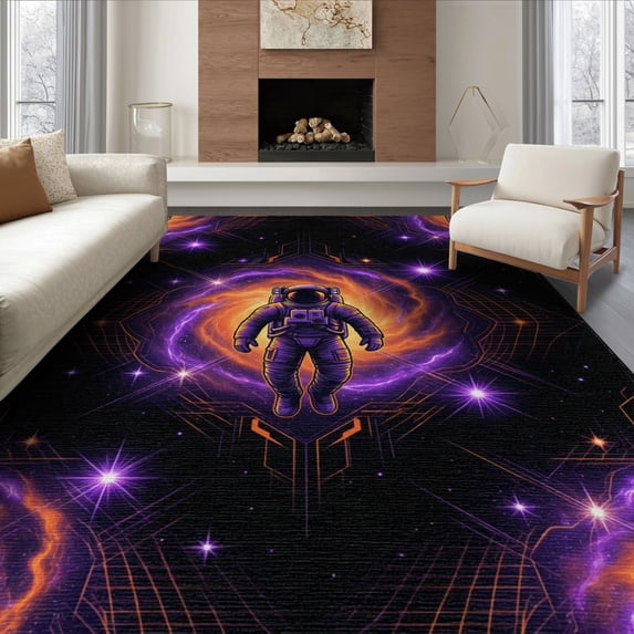 ODIKA 8'x10' Washable Area Rug Astronaut Nebula Motif Arcade Fireworks Anime Cyber Refined Structured for Living Room, Under Sectional, Family , Durable, Non-Slip