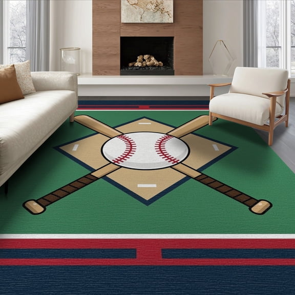ODIKA 8'x10' Washable Area Rug Baseball Field Sport Design With Crossed Bats Ball And Stitched Seam Accents for Dining Room, Large Office, Lounge, Non-Slip Chair-Friendly Mat