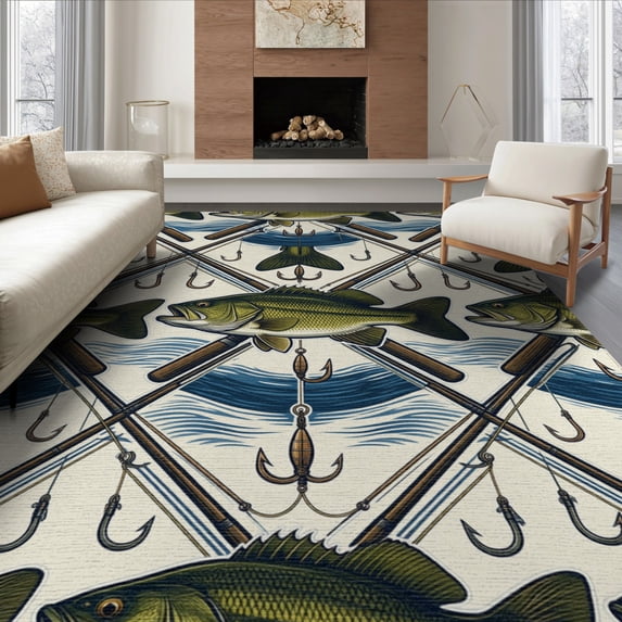 ODIKA 8'x10' Washable Area Rug Bass Angler Hook Lure Frame Tackle Motif Border Fish Fishing Refined Structured for Living Room, Under Sectional, Family , Durable, Non-Slip