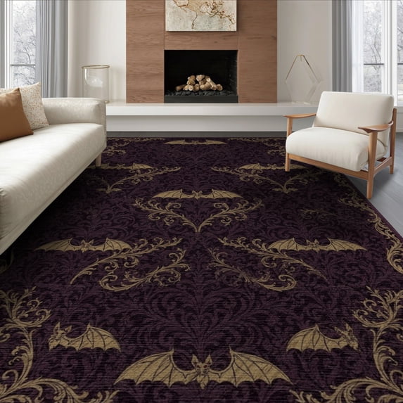ODIKA 8'x10' Washable Area Rug Bat Gothic Damask Motif Vintage Filigree Scroll Ornamental Horror Flowing for Dining Room, Large Office, Lounge, Non-Slip Chair-Friendly Mat