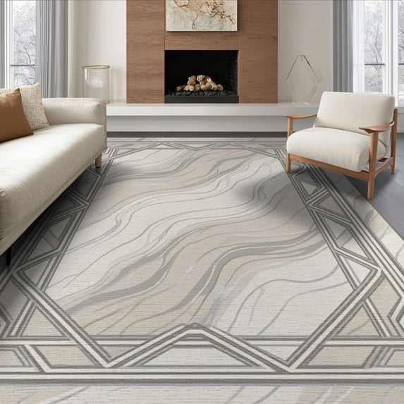 ODIKA 8'x10' Washable Area Rug Bathroom Farmhouse Ash Abstract Asymmetrical Shapes Entryway for Living Room, Under Sectional, Family , Durable, Non-Slip
