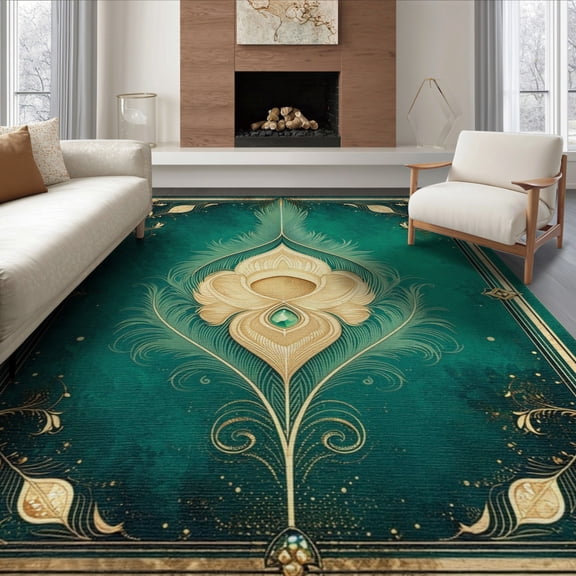 ODIKA 8'x10' Washable Area Rug Bathroom Ornamental Vintage Watercolor Plume Scrolls Classical for Living Room, Under Sectional, Family , Durable, Non-Slip