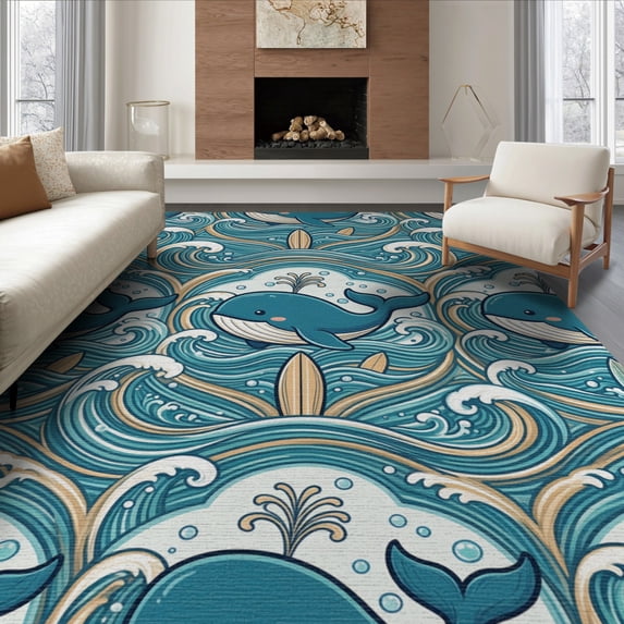 ODIKA 8'x10' Washable Area Rug Bathroom Playful Marine Creature Curling Nautical Ocean Funky for Dining Room, Large Office, Lounge, Non-Slip Chair-Friendly Mat