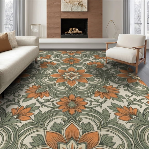 ODIKA 8'x10' Washable Area Rug Bathroom Symmetrical Flower Motif Muted Transitional Vintage for King Size Bedroom Under Bed, Master Suite, Non-Shedding, Easy Care