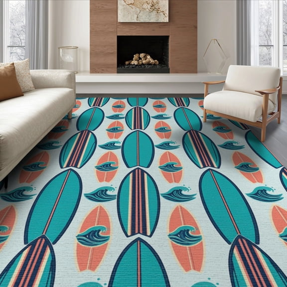 ODIKA 8'x10' Washable Area Rug Bathroom Teal Coral Navy Surfboard Wave Beachy Nautical Ocean for King Size Bedroom Under Bed, Master Suite, Non-Shedding, Easy Care
