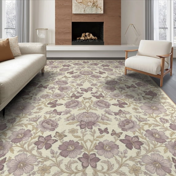 ODIKA 8'x10' Washable Area Rug Bathtub Decorative Ornate Frame Backing Shower Purple Bathroom for Dining Room, Large Office, Lounge, Non-Slip Chair-Friendly Mat