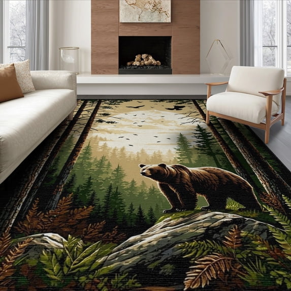 ODIKA 8'x10' Washable Area Rug Bear Paw Print Cabin Wildlife Scene With Rustic Woodland Border for King Size Bedroom Under Bed, Master Suite, Non-Shedding, Easy Care