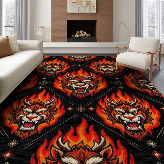ODIKA 8'x10' Washable Area Rug Beast Tattoo Statement Arcade Motifs Designer Graphic Face Refined for Dining Room, Large Office, Lounge, Non-Slip Chair-Friendly Mat