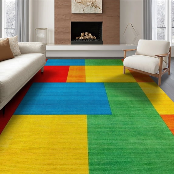 ODIKA 8'x10' Washable Area Rug Bedside Retro Checkered Hopscotch Block Grid Motif Storybook for Living Room, Under Sectional, Family , Durable, Non-Slip