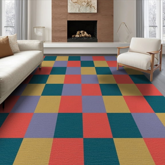 ODIKA 8'x10' Washable Area Rug Bedside Vibrant Checker Block Layout Geometric Hopscotch Retro for Living Room, Under Sectional, Family , Durable, Non-Slip