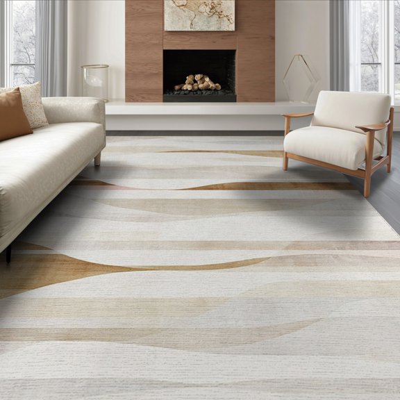 ODIKA 8'x10' Washable Area Rug Beige Cream Abstract Stripe Wave Marbled Brushstroke Textured for Dining Room, Large Office, Lounge, Non-Slip Chair-Friendly Mat