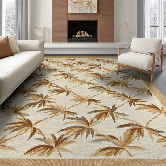 ODIKA 8'x10' Washable Area Rug Beige Cream Frond Mirrored Symmetry Trellis Grid Rectangular for Dining Room, Large Office, Lounge, Non-Slip Chair-Friendly Mat