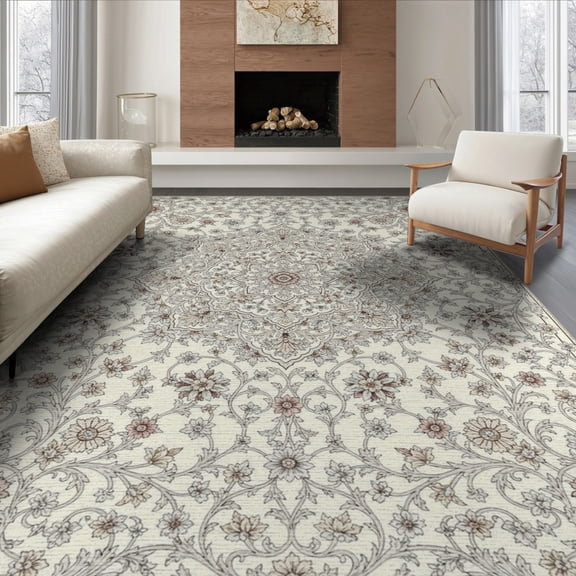ODIKA 8'x10' Washable Area Rug Beige Cream Ornamental Bordered Symmetrical Entryway for King Size Bedroom Under Bed, Master Suite, Non-Shedding, Easy Care