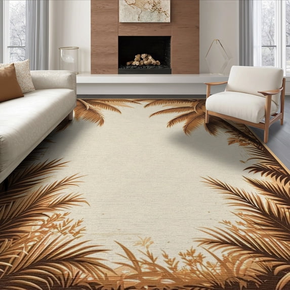 ODIKA 8'x10' Washable Area Rug Beige Frond Cream Botanical Symmetrical Rectangular Fronds Large for Dining Room, Office, Lounge, Non-Slip Chair-Friendly Mat