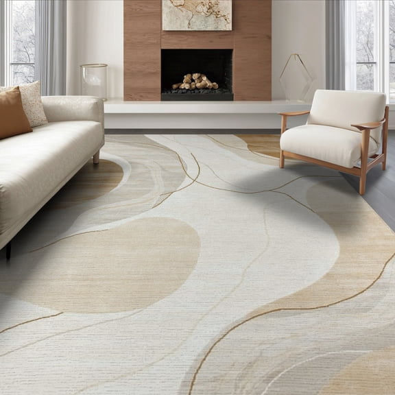 ODIKA 8'x10' Washable Area Rug Beige Neutral Tan Abstract Marbled Swirl Tonal Gradient Oatmeal for King Size Bedroom Under Bed, Master Suite, Non-Shedding, Easy Care