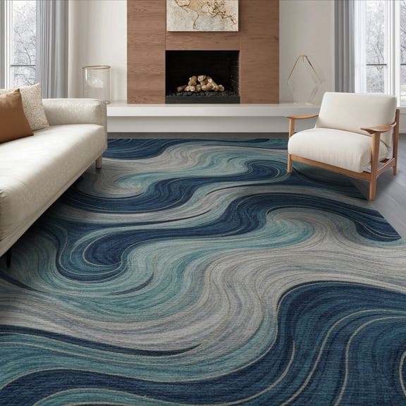 ODIKA 8'x10' Washable Area Rug Beige That Ocean Inspired Marbled Couch Grey Large Abstract Navy for King Size Bedroom Under Bed, Master Suite, Non-Shedding, Easy Care