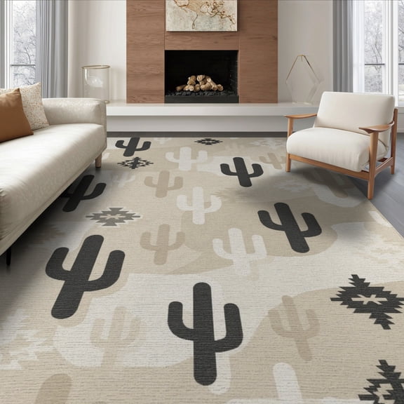 ODIKA 8'x10' Washable Area Rug Beige Southwestern Composition Motifs Scattered Minimalist Ivory for Living Room, Under Sectional, Family , Durable, Non-Slip