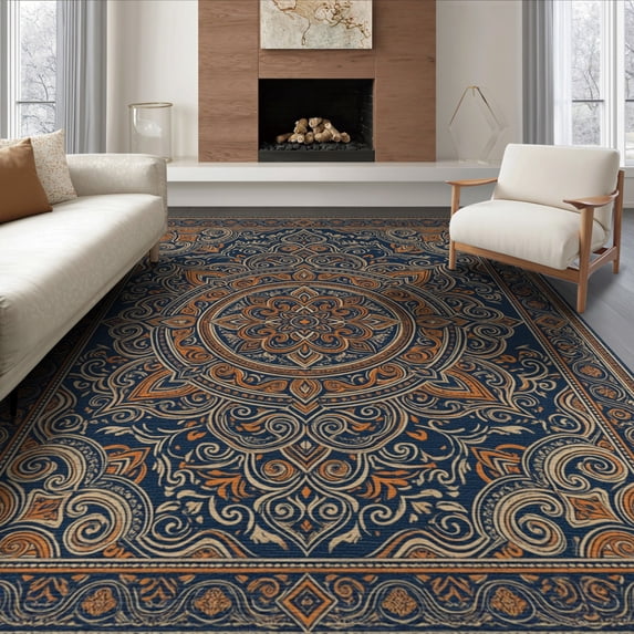ODIKA 8'x10' Washable Area Rug Beige Vintage Distressed Ornate Scroll Border Orange Navy Boho Refined for Dining Room, Large Office, Lounge, Non-Slip Chair-Friendly Mat