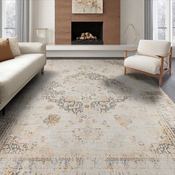 ODIKA 8'x10' Washable Area Rug Beige Vintage Distressed Scroll Border Pile Neutral Boho for Living Room, Under Sectional, Family , Durable, Non-Slip
