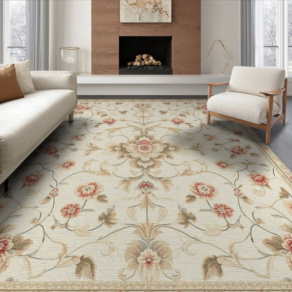 ODIKA 8'x10' Washable Area Rug Beige Vintage Farmhouse Botanical Scroll Border Pile Playroom for Dining Room, Large Office, Lounge, Non-Slip Chair-Friendly Mat
