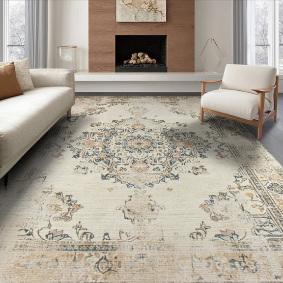 ODIKA 8'x10' Washable Area Rug Beige Vintage Para Distressed Scroll Border Tapetes Sala Neutral for Dining Room, Large Office, Lounge, Non-Slip Chair-Friendly Mat