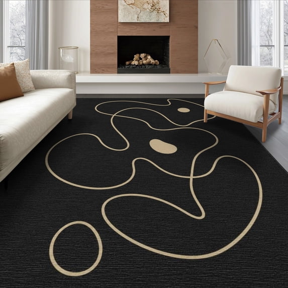 ODIKA 8'x10' Washable Area Rug Black Beige Abstract Curves and Shapes Elegant Minimalist Design with Fluid Lines for Living Room, Under Sectional, Family , Durable, Non-Slip