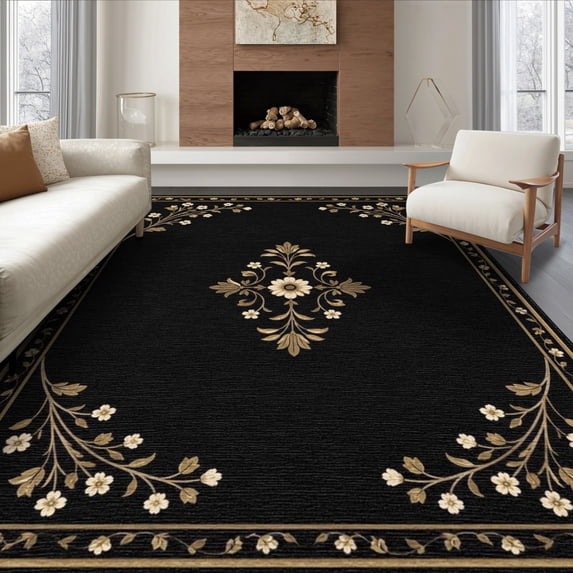ODIKA 8'x10' Washable Area Rug Black Beige Floral Elegance with Classic Border Ornate Motifs and Symmetrical Design for King Size Bedroom Under Bed, Master Suite, Non-Shedding, Easy Care