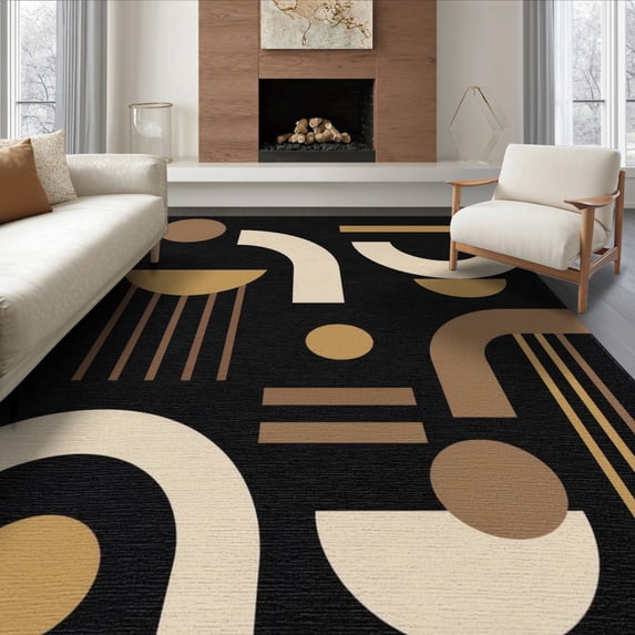 ODIKA 8'x10' Washable Area Rug Black Beige Geometric Design Elegant Abstract Art Inspired for Dining Room, Large Office, Lounge, Non-Slip Chair-Friendly Mat