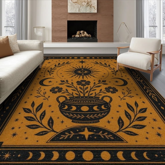 ODIKA 8'x10' Washable Area Rug Black Celestial Design with Sun, Moon, Stars Elegant Astrological Symbols on Rectangular for King Size Bedroom Under Bed, Master Suite, Non-Shedding, Easy Care