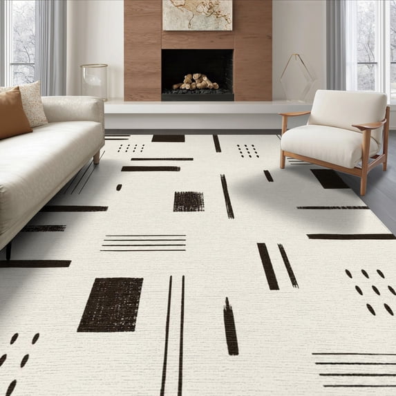 ODIKA 8'x10' Washable Area Rug Black Cream Abstract Geometric Contemporary Design with for Living Room, Under Sectional, Family , Durable, Non-Slip