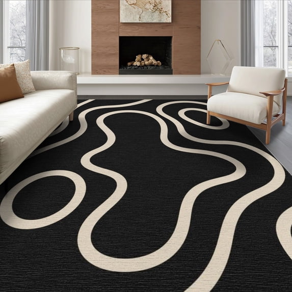 ODIKA 8'x10' Washable Area Rug Black Cream Abstract Swirls and Curves Design Elegant Geometric Flow with Continuous Line for Dining Room, Large Office, Lounge, Non-Slip Chair-Friendly Mat