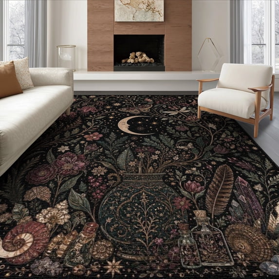 ODIKA 8'x10' Washable Area Rug Black Enchanted Garden Nighttime Botanicals Intricate Floral and Celestial Motifs for Dining Room, Large Office, Lounge, Non-Slip Chair-Friendly Mat
