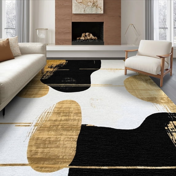 ODIKA 8'x10' Washable Area Rug Black Gold Abstract Brushstroke Modern Dynamic Design with Bold Shapes for Dining Room, Large Office, Lounge, Non-Slip Chair-Friendly Mat